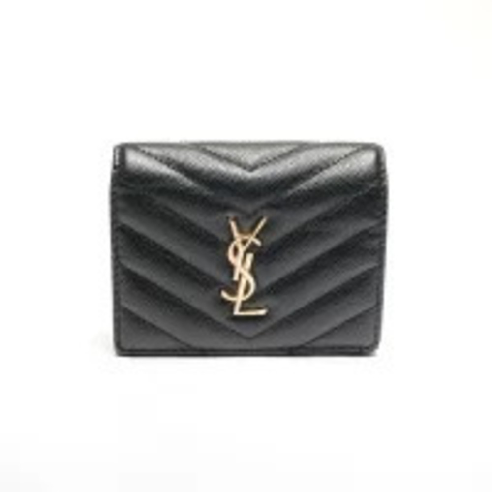 Saint Laurent Yves Cassandra Leather Compact Zip Wallet Bi fold Black